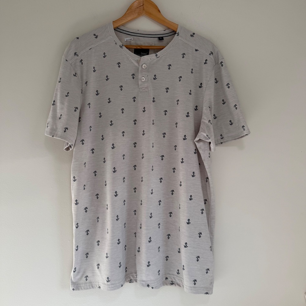 Original Bruno Supersoft Mens XL Henley Shirt Grey Anchor Print Short Sleeve